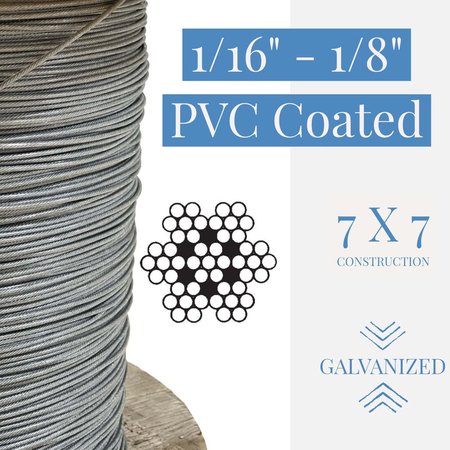 Laureola Industries 1/16" to 1/8" PVC Coated Clear Color Galvanized Cable 7x7 Strand Aircraft Cable Wire Rope, 50 ft ZAG116018-77-GPC-50